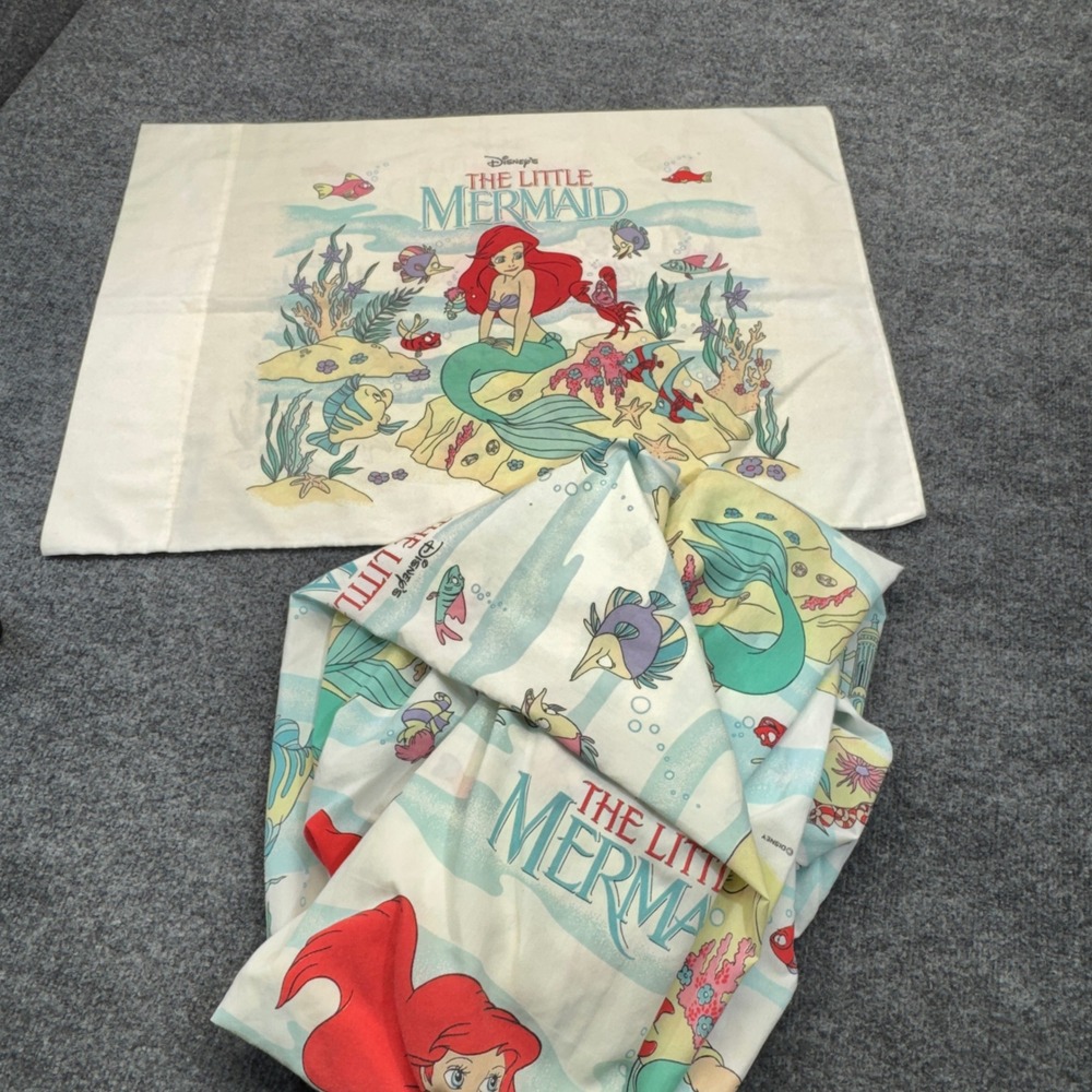 Vintage Disney Little Mermaid Fitted Sheet & Pillowcase Twin White Ariel 90s